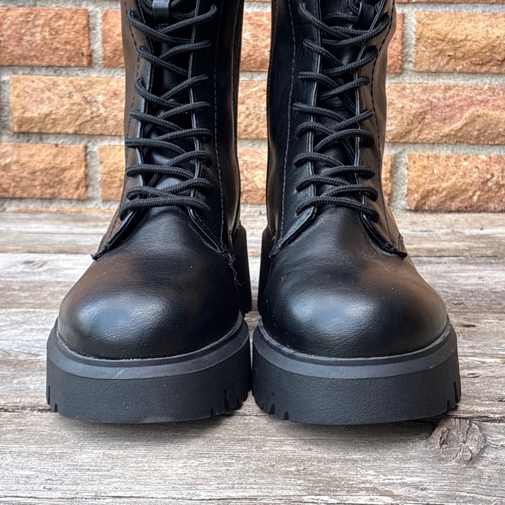 Madden Girl MARE Black Mid Calf Combat Boots Size 9M SF5490 Lace Up Side Zip
